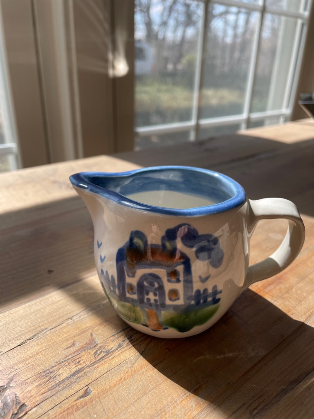 Handcrafted Ceramic House Creamer Pitcher in Blue and White by M. A. Hadley
